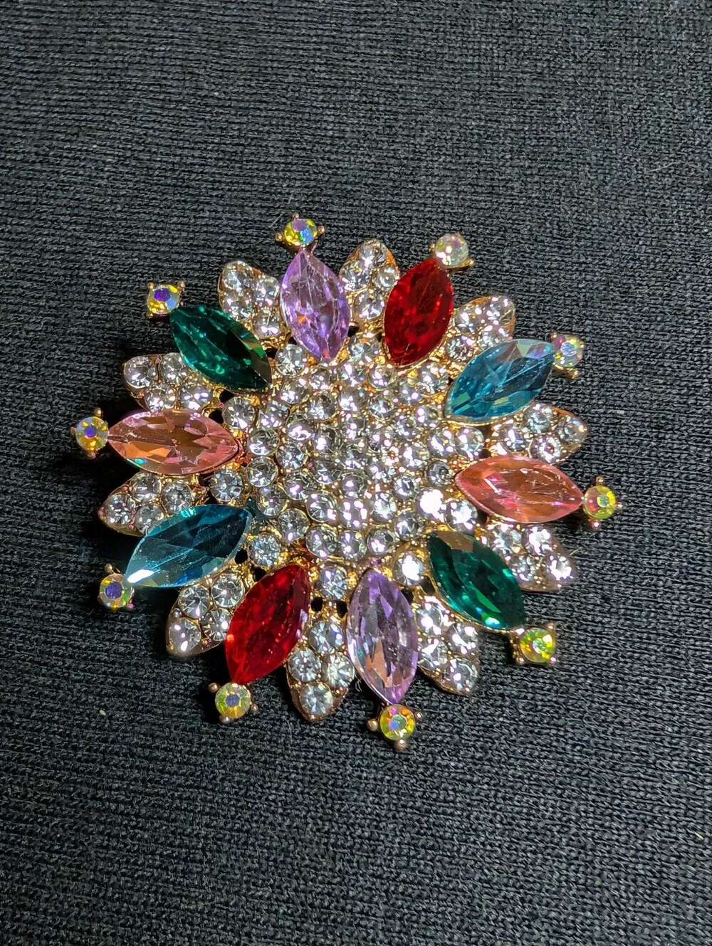 Multicolor Crystal Floral Statement Brooch - Gold Tone